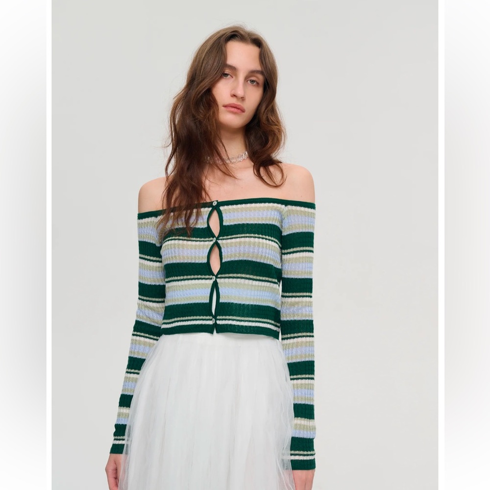 Striped Green and Gray Cropped Cardigan